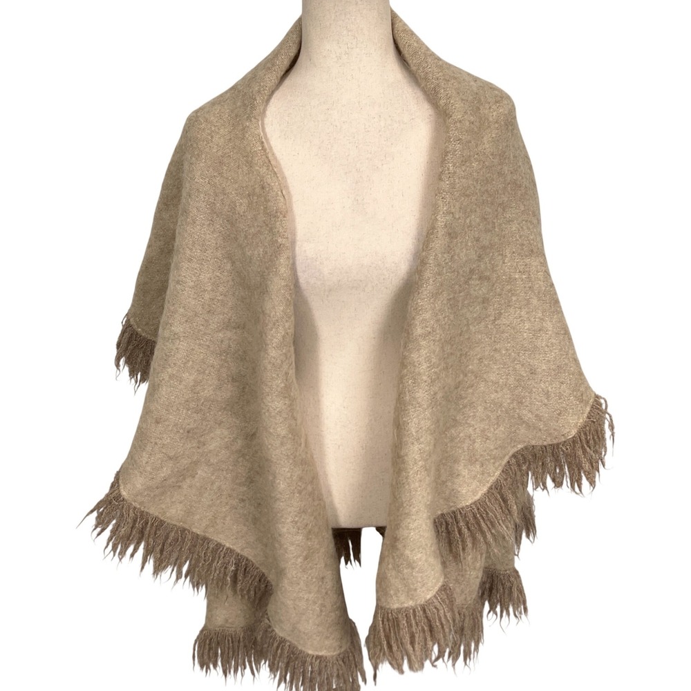 Vintage Poncho Womens OSFA Tan Marled Alpaca Boho Wrap Shawl Fringe‎ Slits